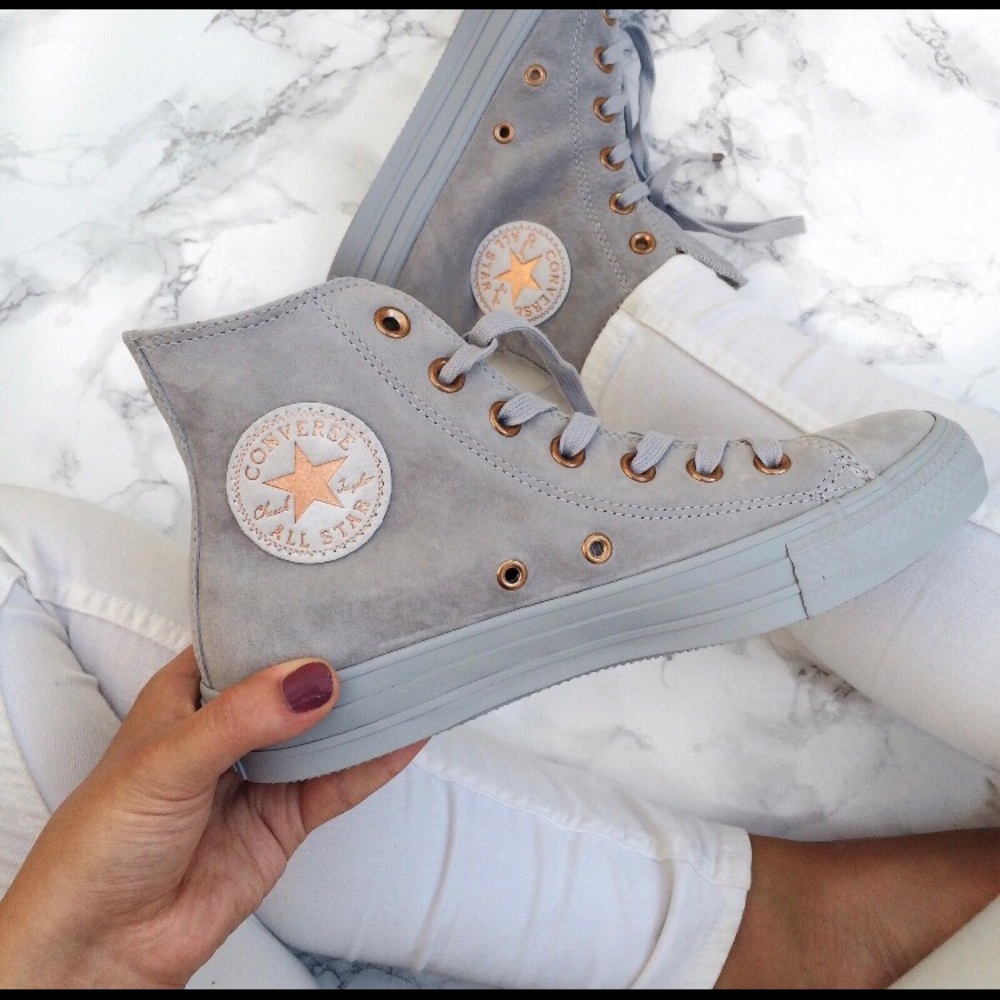 Grey suede and rose gold high top converse